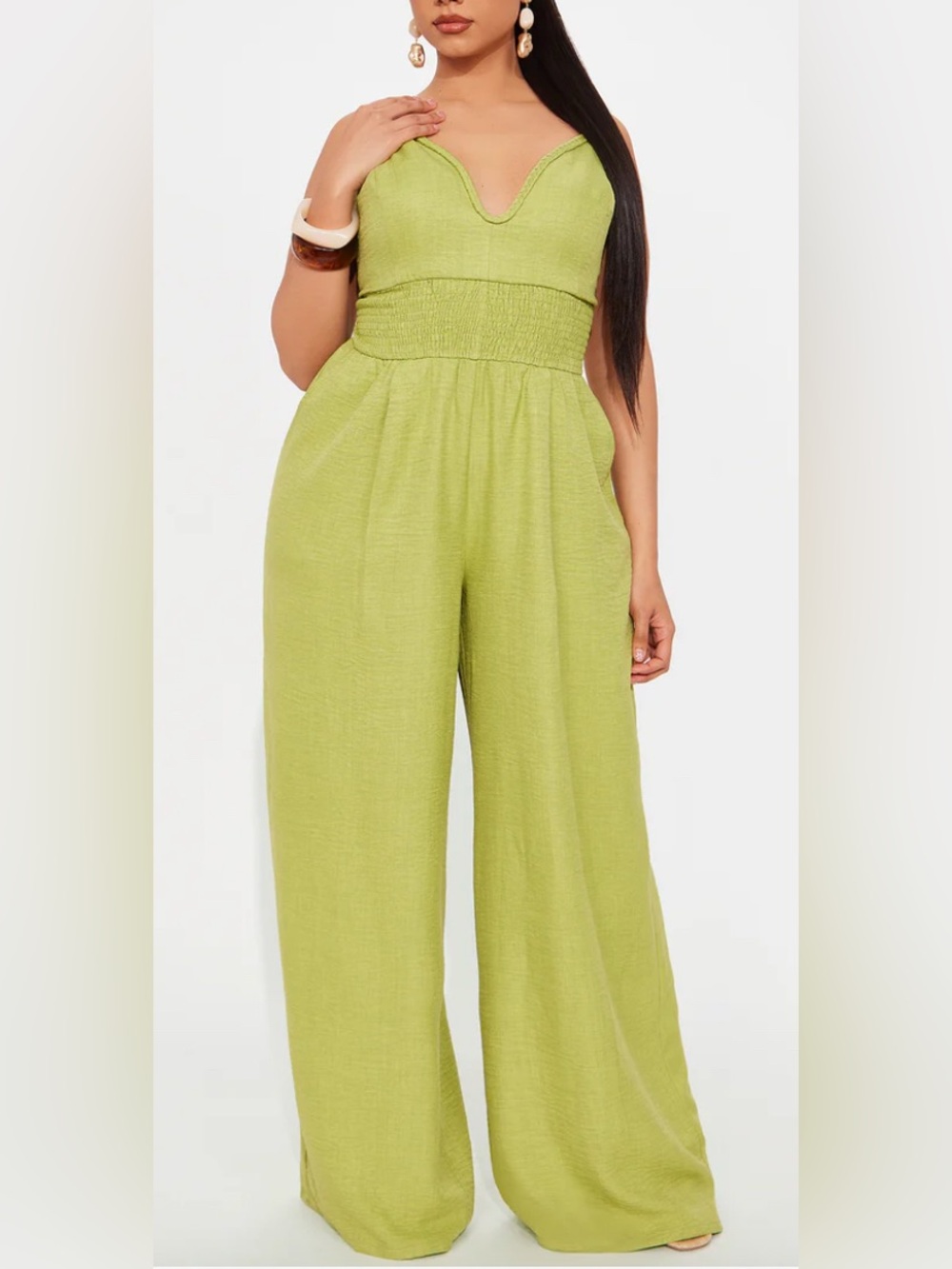 Wide-Leg Smocked Waist Jumpsuit - Green